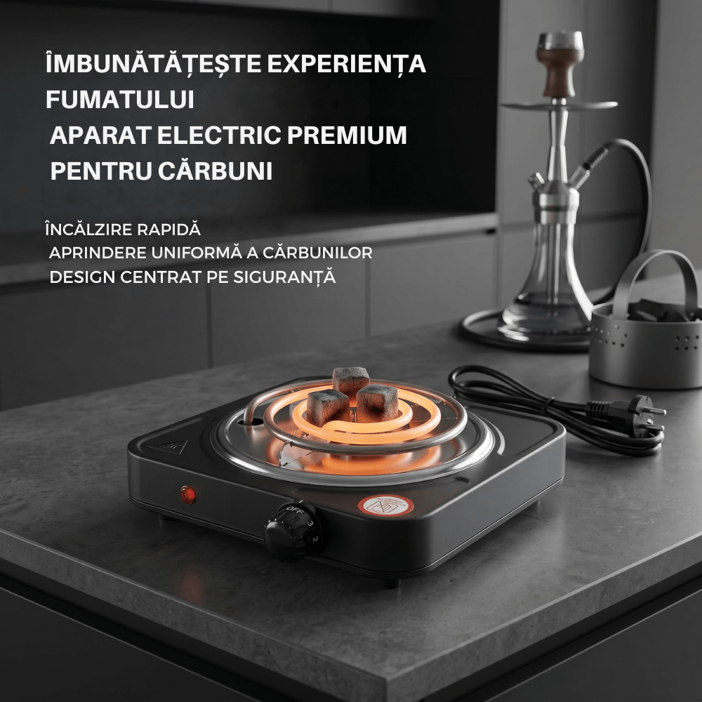 Aprinzator Electric Premium pentru Carbuni Narghilea, 1000W, Termostat Automat, Protectie la Supraincalzire, Invelis Antiaderent, Indicator On/Off, Incalzire Rapida, Negru
