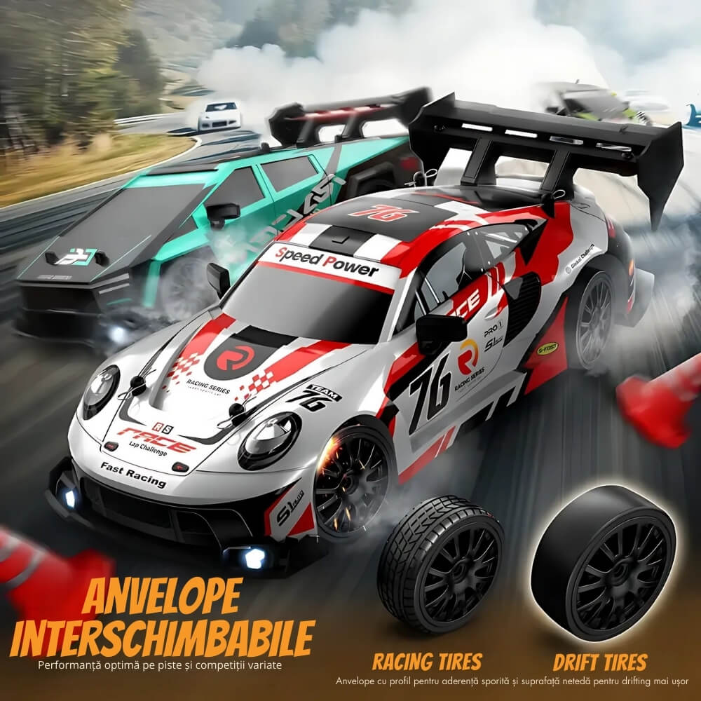 Masinuta cu Telecomanda, Model Porsche, RC Drift Car, 1:24, 2.4GHz, Tractiune Integrala, 2 Seturi Anvelope (Speed & Drift), Obstacole Incluse, Baterie Reincarcabila, Alb