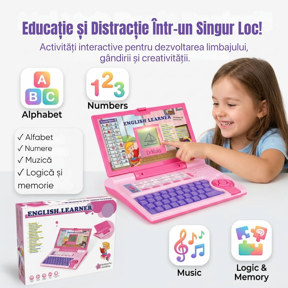 Laptop educational copii English Learner, limba engleza, alfabet, numere, muzica, jocuri interactive, ecran de desen, taste mari, roz