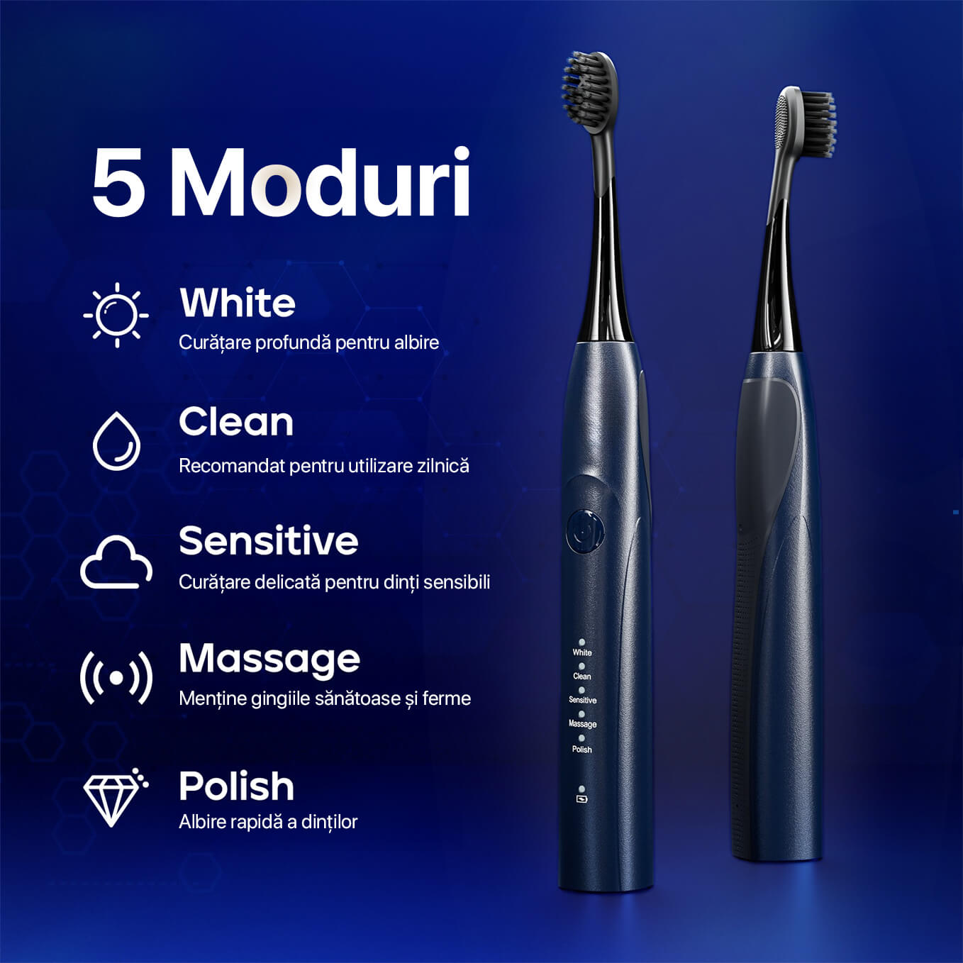 Periuta de dinti electrica sonica DrKala, Cu Carbune activ, 5 Moduri, 2 Capete, pana la 42.000 vibrații/min, IPX7, Negru/Albastru