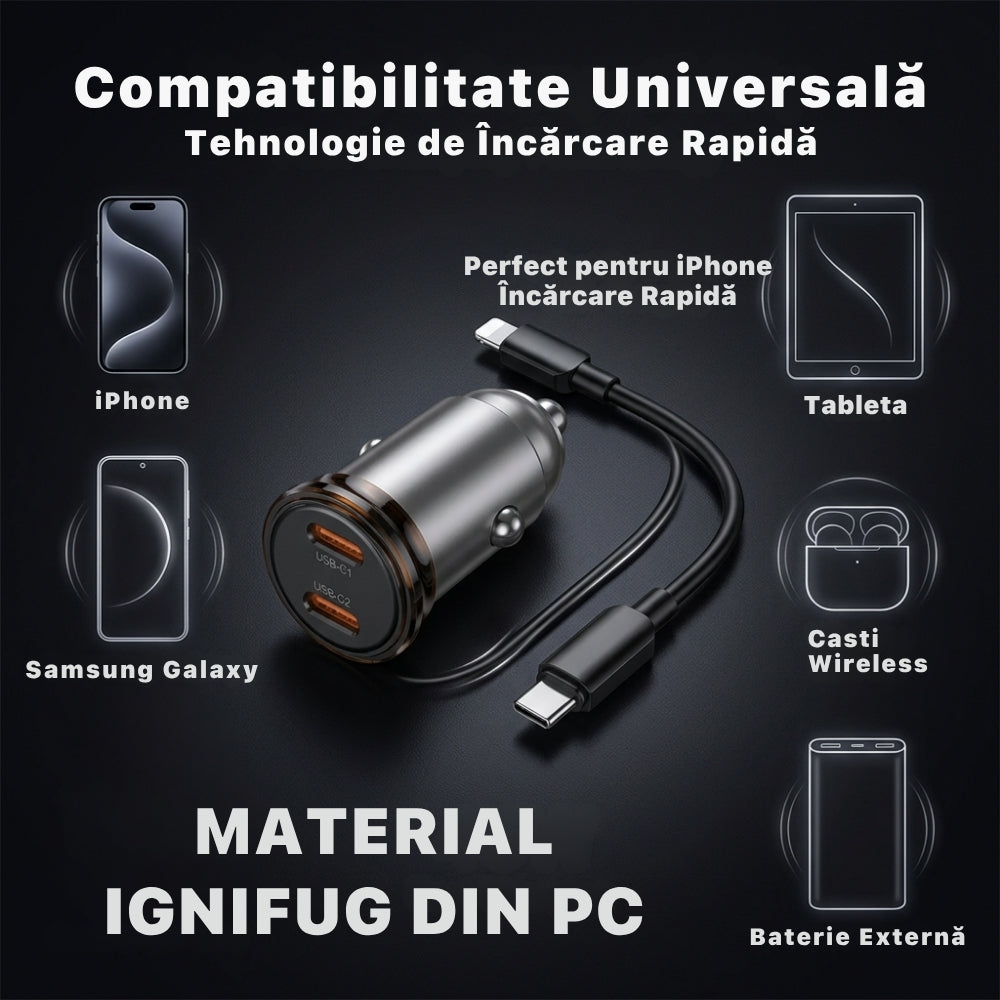 Incarcator auto NZ16B 45W Mini Size High Power PD25W & PD20w, Gri/Negru