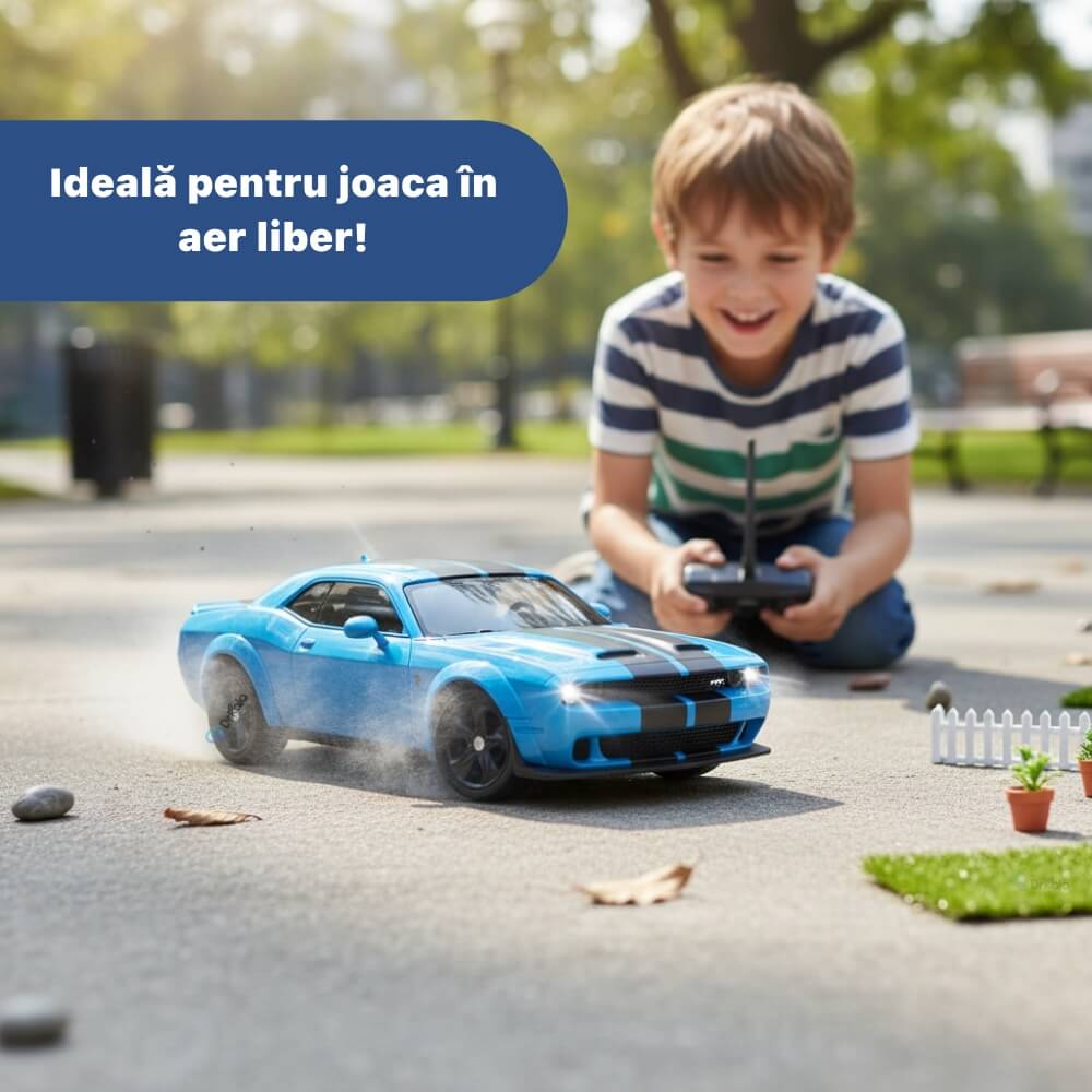 Masinuta cu Telecomanda, RC Drift Car, 1:24, 2.4GHz, Tractiune Integrala, 2 Seturi Anvelope (Speed & Drift), Obstacole Incluse, Baterie Reincarcabila, Albastru