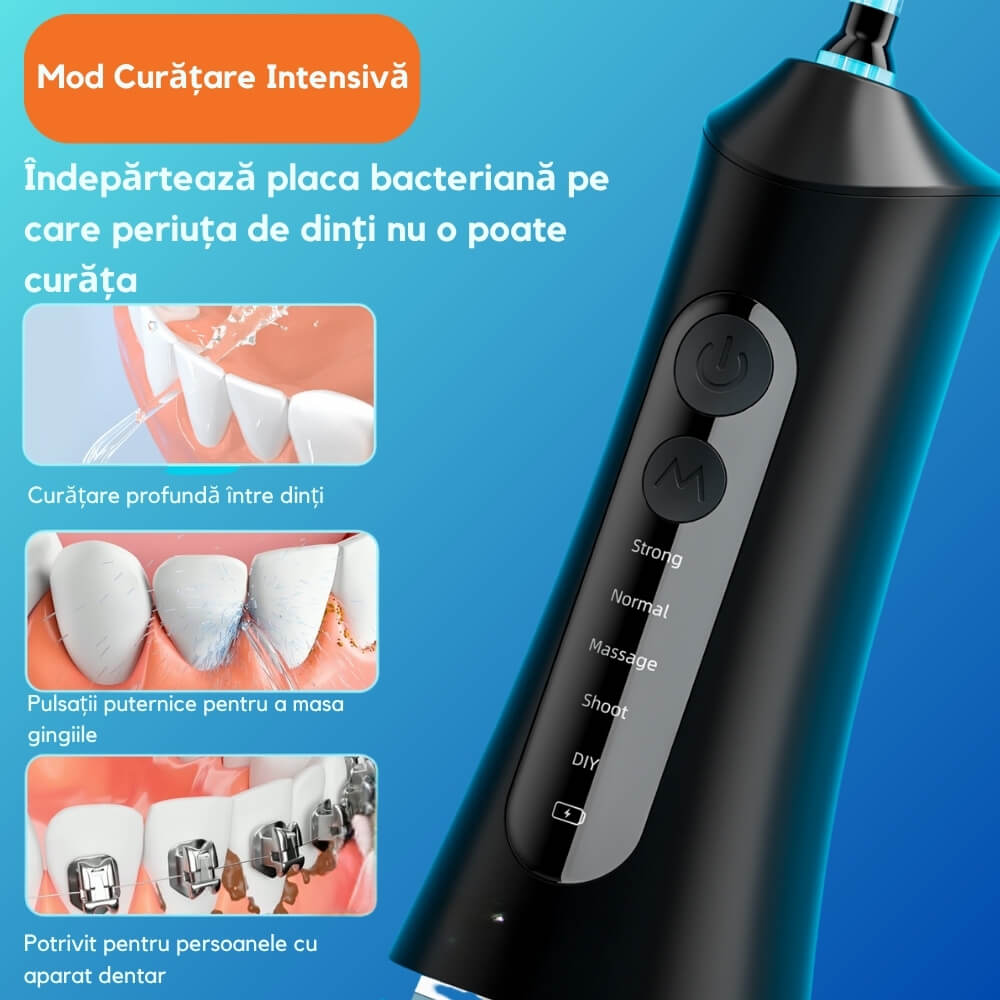 Irigator Bucal tip Dus Bucal Portabil, DrKala®, 1380 pulsatii/min, 5 Programe, 7 duze incluse, personalizare pulsatii, Rezervor 300 ml, Igiena orala completa, Negru