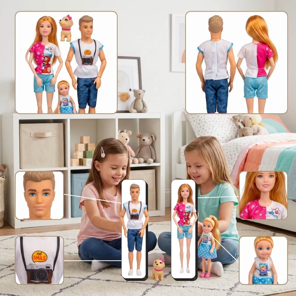 Familie de Papusi 30 cm, Set Complet cu Papusa Fata, Papusa Baiat, Papusa Copil si Catel de Jucarie, Joc de Rol pentru Copii, Cadou pentru Fete si Baieti