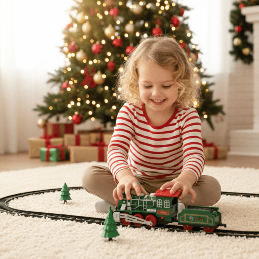 Tren de Craciun Jucarie cu Mos Craciun și Reni, 28 Piese, Lumini și Sunet, Rosu