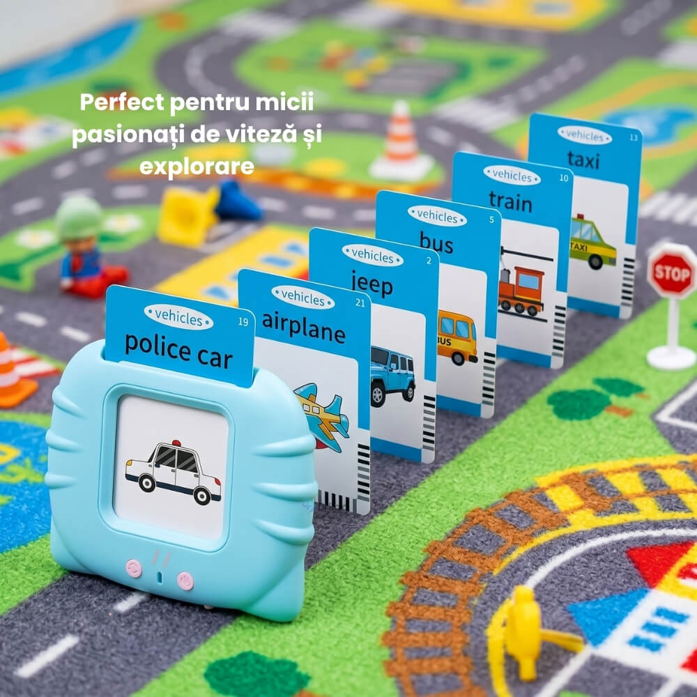 Jucarie Educativa Interactiva pentru Copii, Cititor Carduri cu 224 Cuvinte in Engleza, Invatare prin Joaca, Vocabular, Animale, Fructe, Masini, Reincarcabil USB, Albastru / Roz