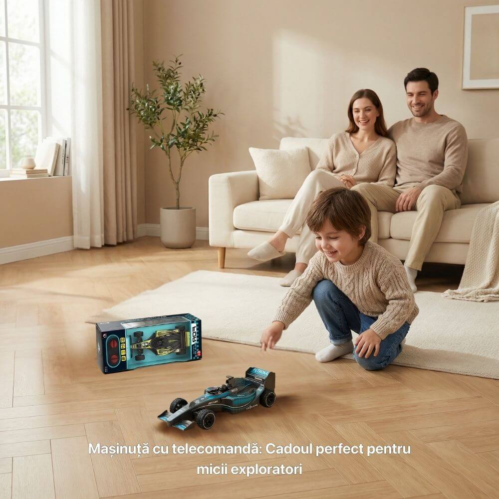 Mașină cu telecomandă RC 1:18, Model Formula 1, Curse și Viteză 10 km/h, Jucărie RC pentru copii 6+ ani, Negru/Albastru