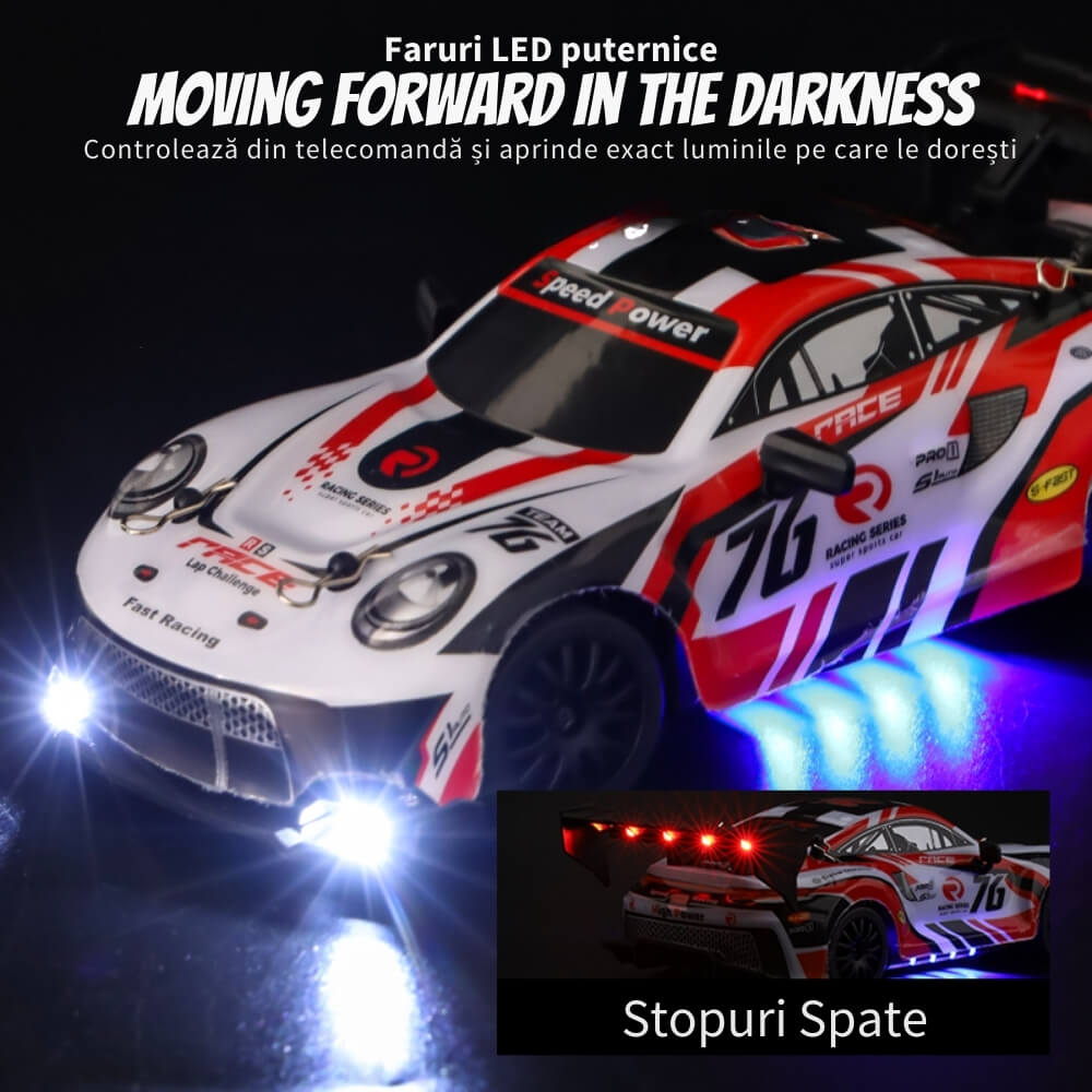 Masinuta cu Telecomanda, Model Porsche, RC Drift Car, 1:24, 2.4GHz, Tractiune Integrala, 2 Seturi Anvelope (Speed & Drift), Obstacole Incluse, Baterie Reincarcabila, Alb