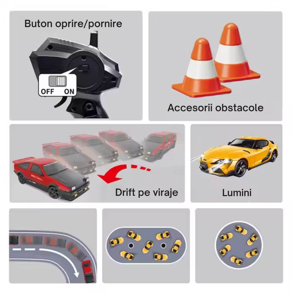 Masinuta cu Telecomanda, RC Drift Car, 1:24, 2.4GHz, Tractiune Integrala, 2 Seturi Anvelope (Speed & Drift), Obstacole Incluse, Baterie Reincarcabila, Rosu