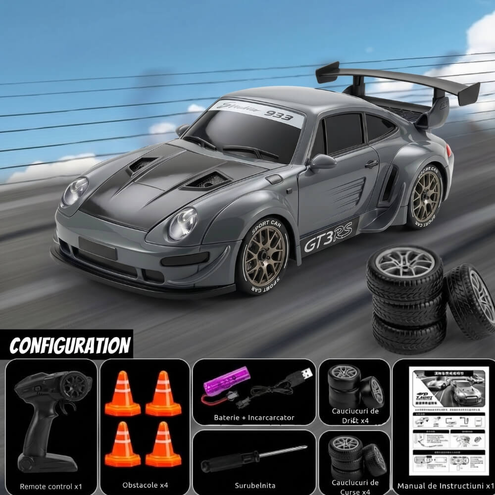 Masina cu Telecomanda RC Drift 4WD ,Scara 1:20, Tip Porsche 911 GTS, 20 km/h, 2.4GHz, 2 Seturi Anvelope Drift & Racing, Baterii Reincarcabile, Obstacole Incluse, Gri Metalizat