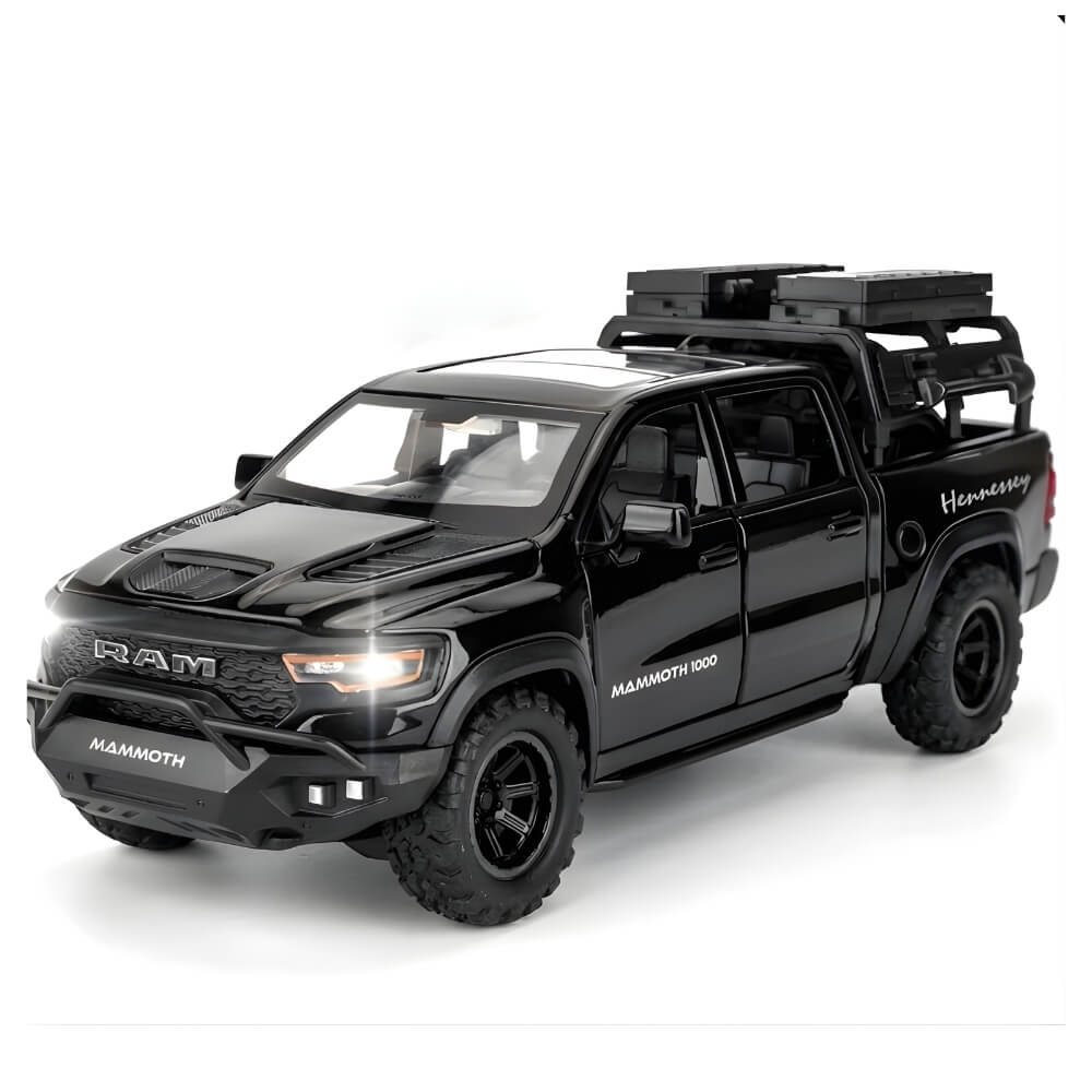 Masinuta Metalica Dodge RAM TRX Mammoth 1000, Scara 1:32, Usi Mobile, Functie Pull-Back, Negru/Rosu