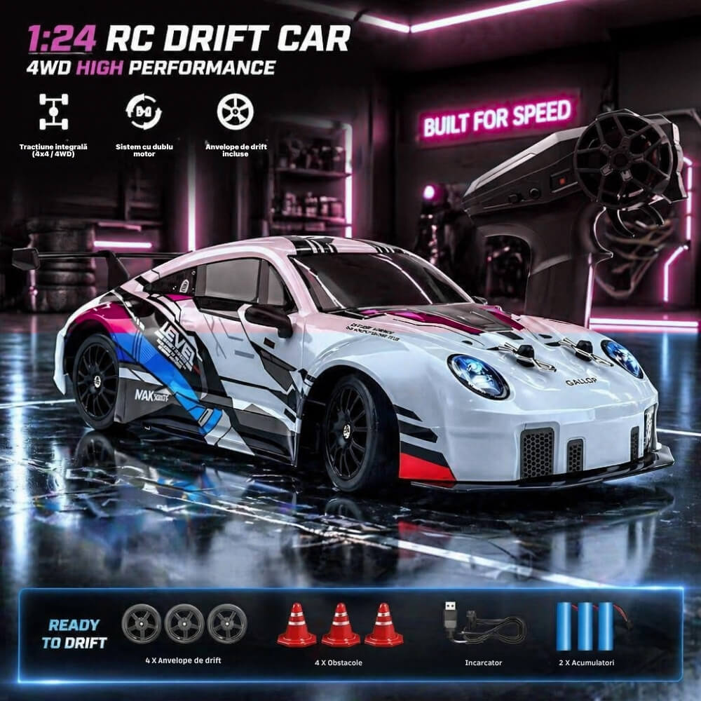 Masina cu Telecomana RC Porsche, Drift Car 1:24, 4WD, 20 km/h, LED, 2 Seturi Anvelope Drift & Racing, Varsta 7+, Alb