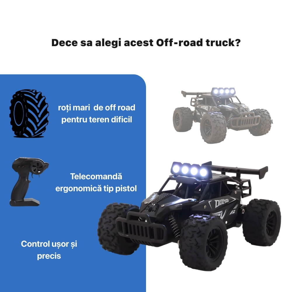 Mașinuță cu Telecomandă RC Off-Road 1:16, Viteză 20 km/h, Roți Mari All-Terrain, Lumini/Proiectoare LED, Telecomandă Tip Pistol, Acumulator Reîncărcabil Inclus, Jucărie pentru Copii 5+ Ani, Negru