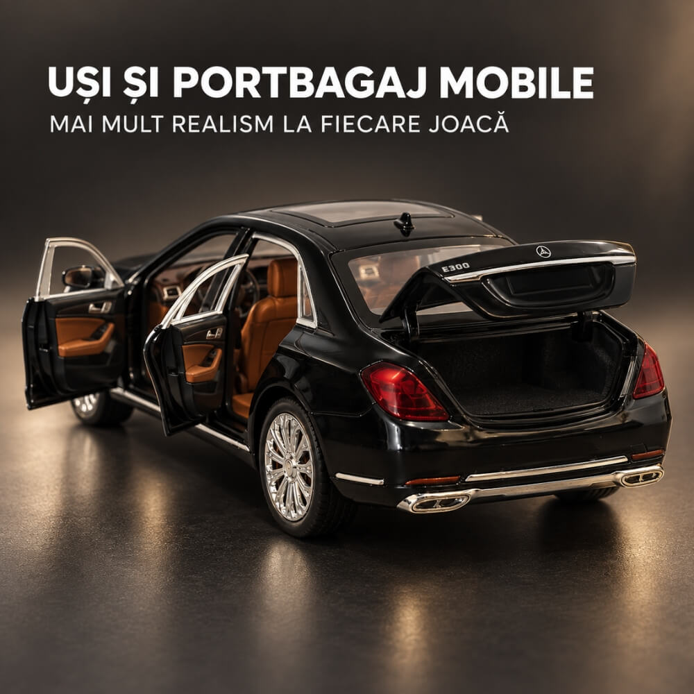Macheta Masina Metalica Limuzina de Lux Mercedes E-Class L, Scara 1:24, Lumini LED si Sunete, Mecanism Pull-Back, Usi, Capota si Portbagaj Care Se Deschid