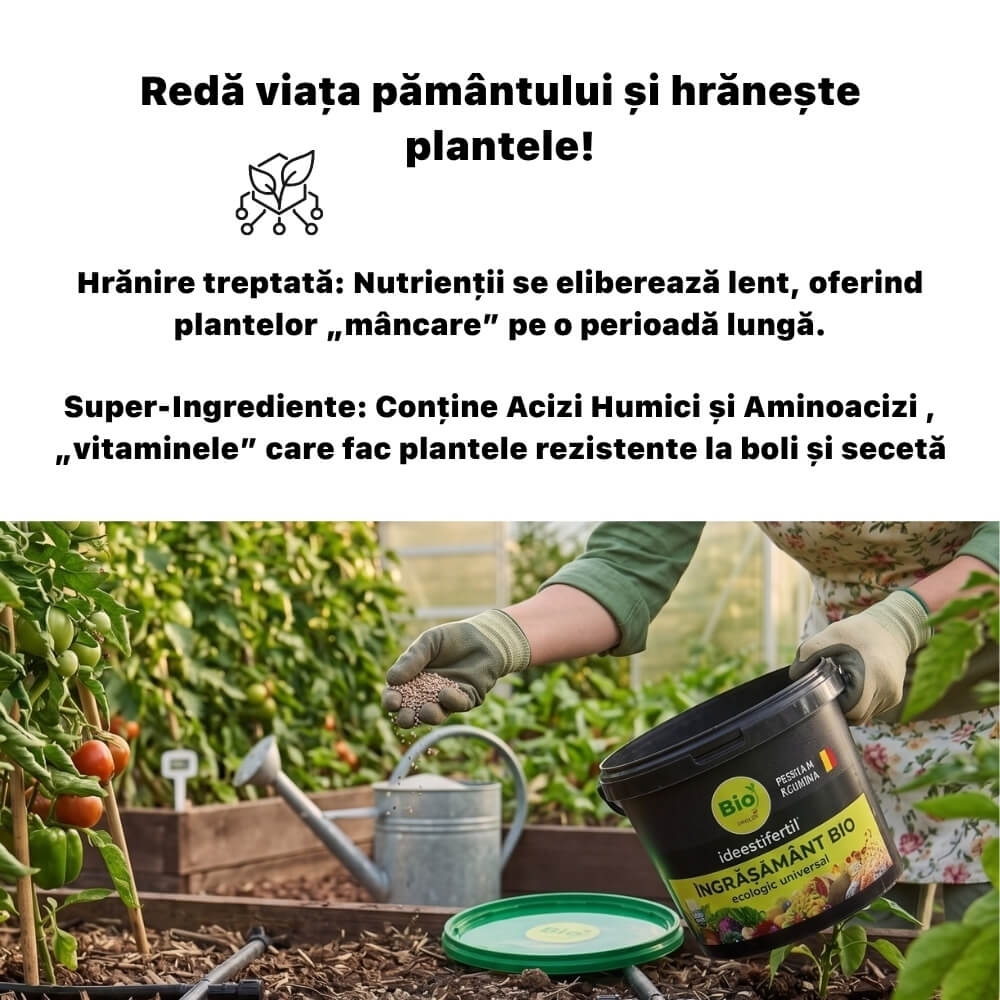 Ingrasamant BIO Universal IDEEAFERTIL, Granulat, Certificat ECOCERT®, Eliberare Lenta, pentru Legume, Fructe si Gazon, 2.5 KG, Produs in Romania