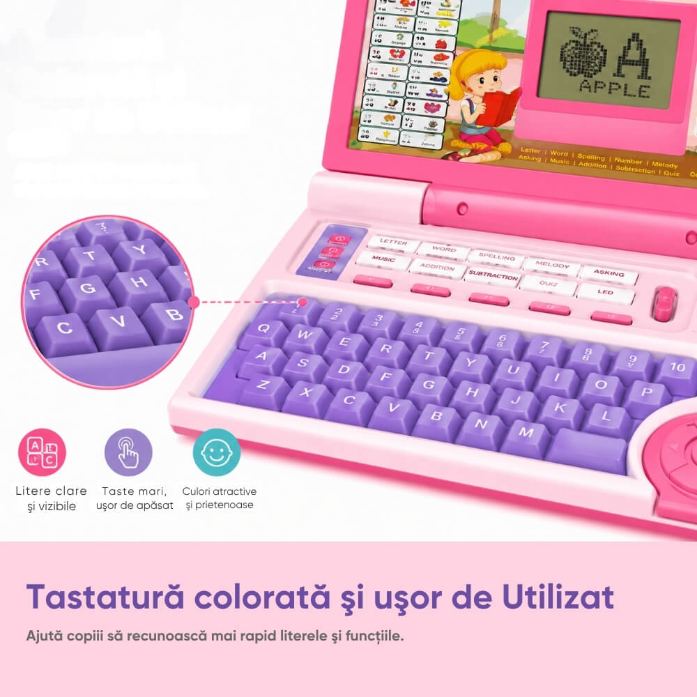 Laptop educational copii English Learner, limba engleza, alfabet, numere, muzica, jocuri interactive, ecran de desen, taste mari, roz