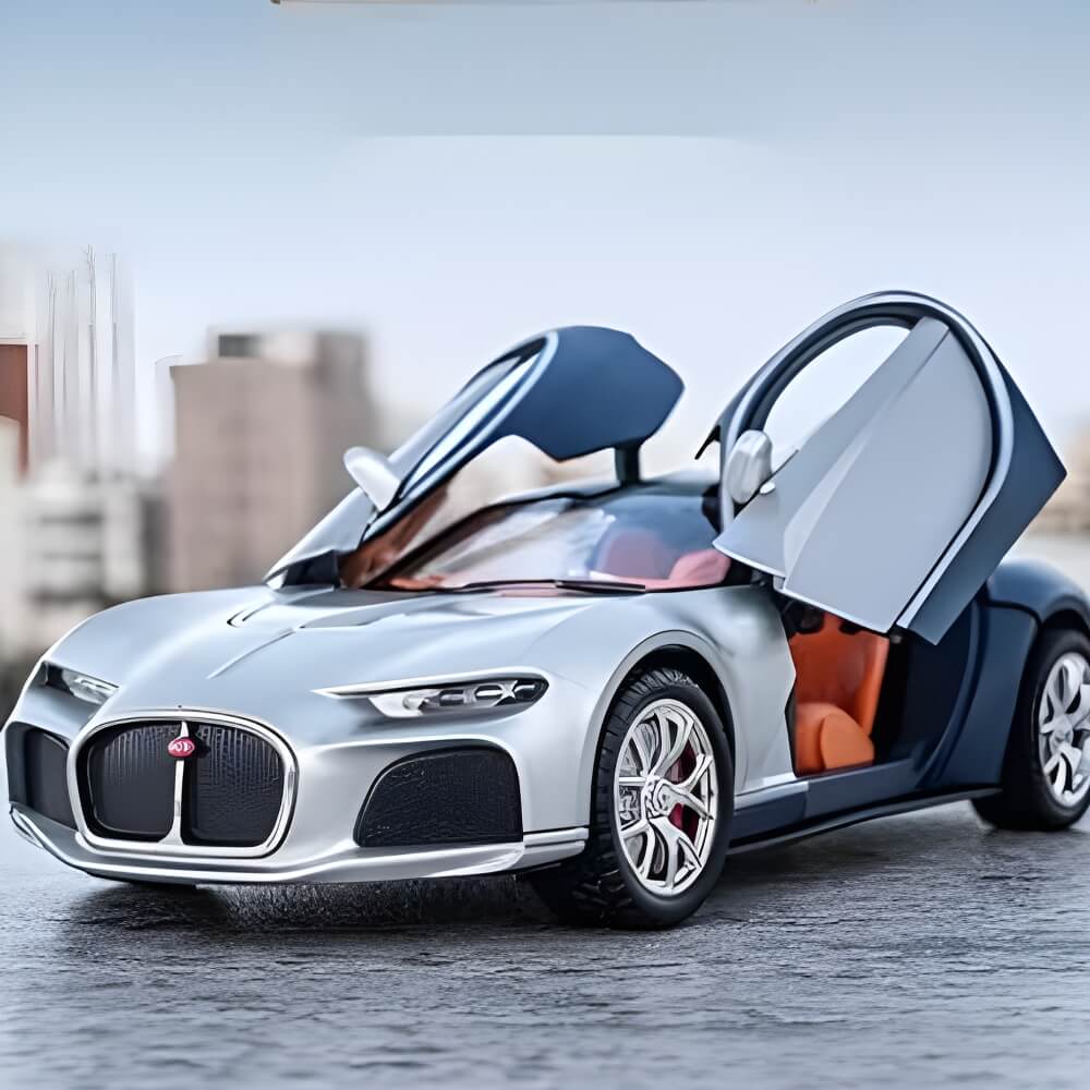 Masinuta Metalica de Colectie tip Bugatti, Scara 1:32, Usi Mobile tip Fluture, Include 2 Mini-Valize, Argintiu/Negru