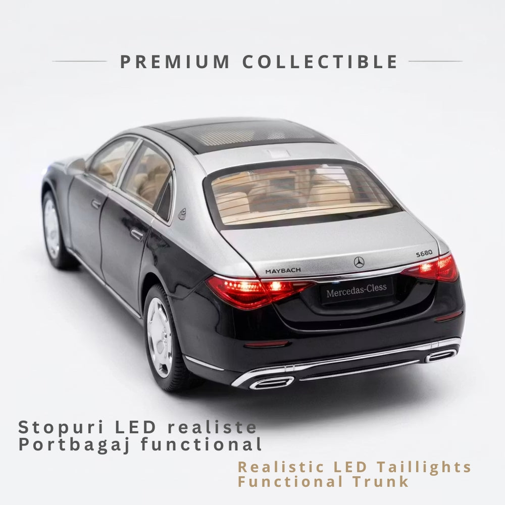 Masina Metalica Mercedes Maybach S-Class Scara 1:24, Telecomanda Tip Cheie, Deschidere Electrica Usi, Capota si Portbagaj Functionale, Lumini, Sunete, Cadou Colectionari, Negru/Argintiu