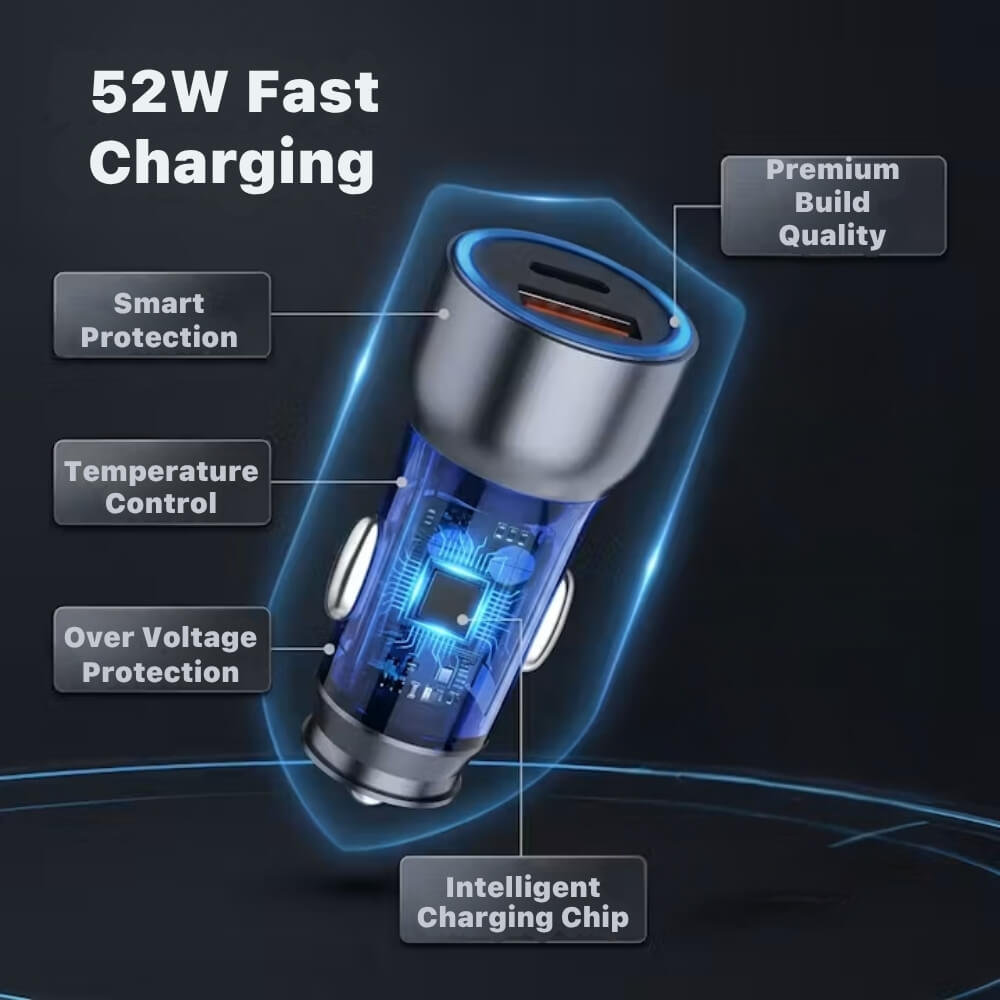 Incarcator Auto 52.5W USB-C PD 30W + USB-A QC 22.5W cu Cablu USB-C la USB-C 1m, Fast Charging, Incarcare Rapida Telefon, Tableta, Compact, Albastru/Gri