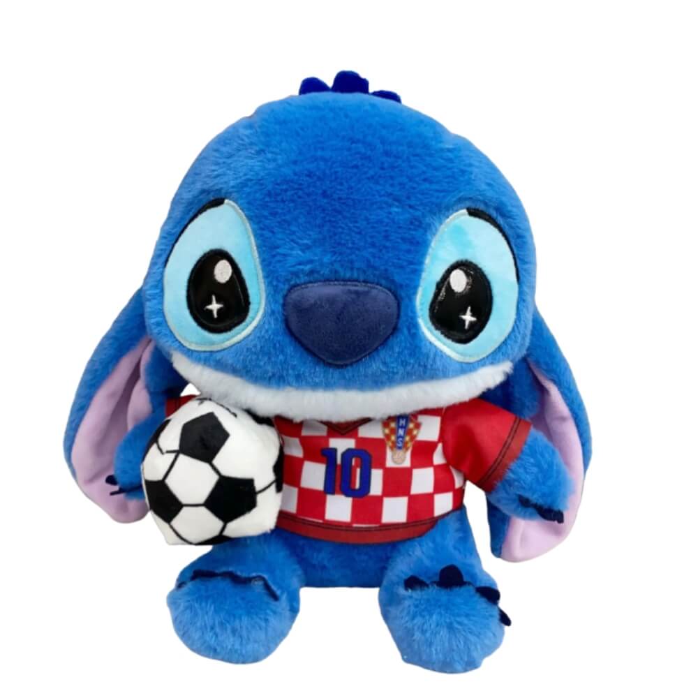 Jucarie de Plus Stitch Fotbalist 30 cm, Editie Speciala Campionatul Mondial, cu Minge si Tricou Nationala (Argentina, Brazilia, Italia, Croatia)