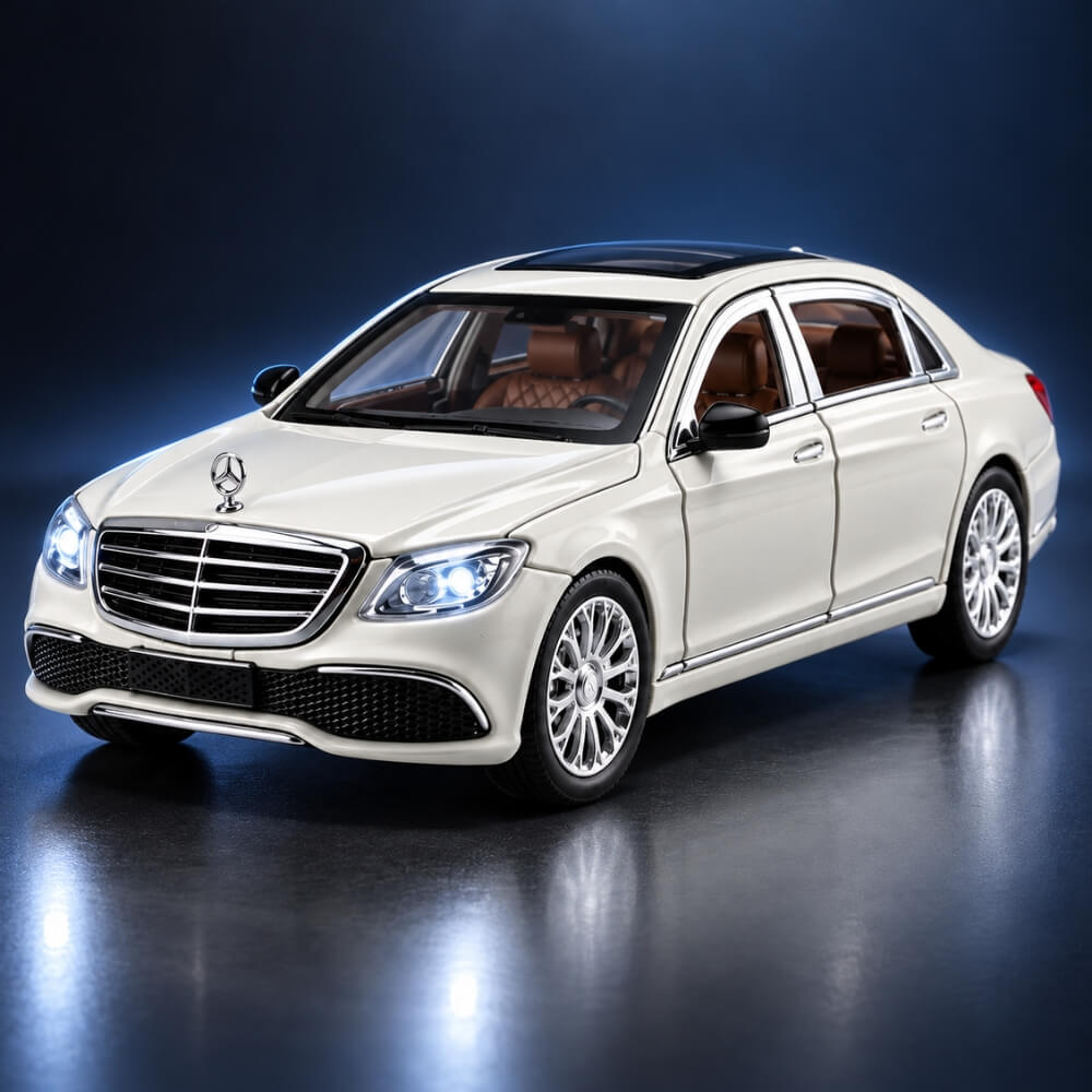 Macheta Masina Metalica Limuzina de Lux Mercedes E-Class L, Scara 1:24, Lumini LED si Sunete, Mecanism Pull-Back, Usi, Capota si Portbagaj Care Se Deschid