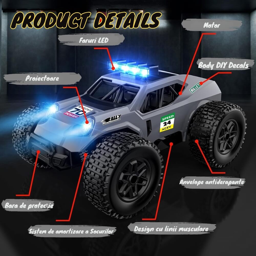 Masina cu telecomanda Monster Truck RC Off-Road, 25km/h, Scara 1:20, Suspensii Anti-Soc, Anvelope High-Grip, Acumulator inclus, Gri
