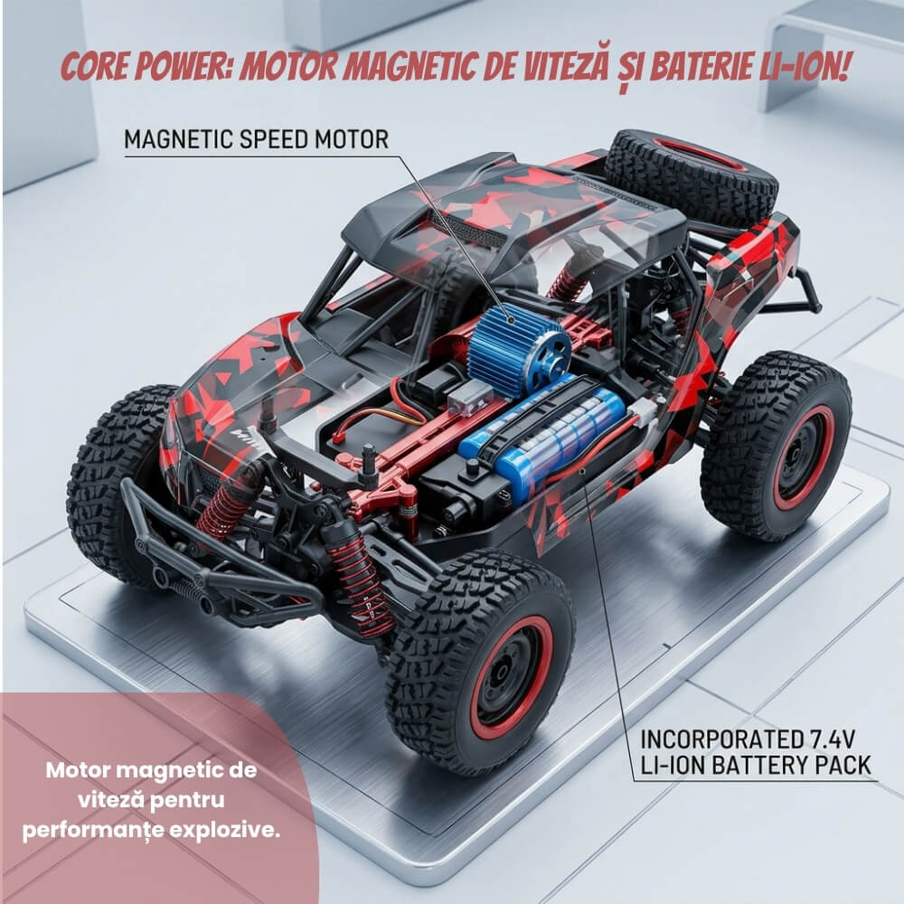 Masina cu telecomanda profesionala Adventurer, Off-Road 4x4 (4WD), Scara 1:16, Viteza 40 km/h, Suspensii Metalice independente, Motor Brushed, Lumini LED,Control 2.4GHz,Rosu-Negru
