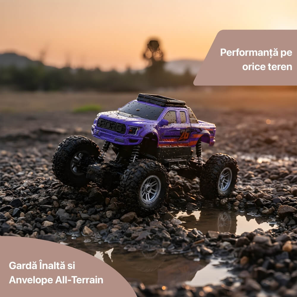 Mașină cu Telecomandă RC Off Road 1:16, Tip Monster Truck, 10 km/h, Suspensii Profesionale, Rază 10m, Baterie tip acumulator inclusa, Jucarie pentru copii+5 ani, Mov