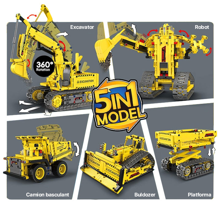 Set de Constructie STEM 5 in 1, 555 PIESE, Controlat prin Telecomanda - Bulldozer, Excavator, Robot si Camion Basculant Platforma Lift, Aplicatie, Jucarie Ideala pentru Copii 12+ ani