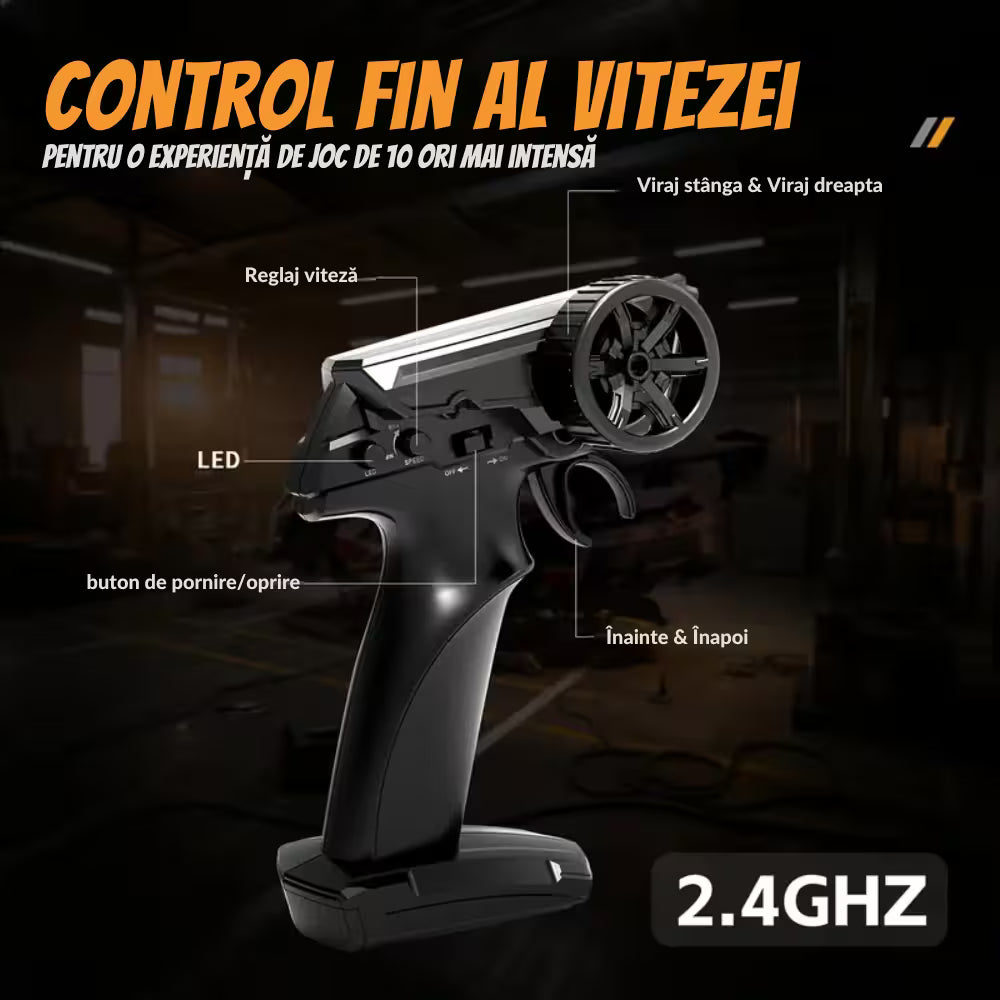 Masinuta cu Telecomanda, RC Drift Car, 1:24, 2.4GHz, Tractiune Integrala, 2 Seturi Anvelope (Speed & Drift), Obstacole Incluse, Baterie Reincarcabila, Alb
