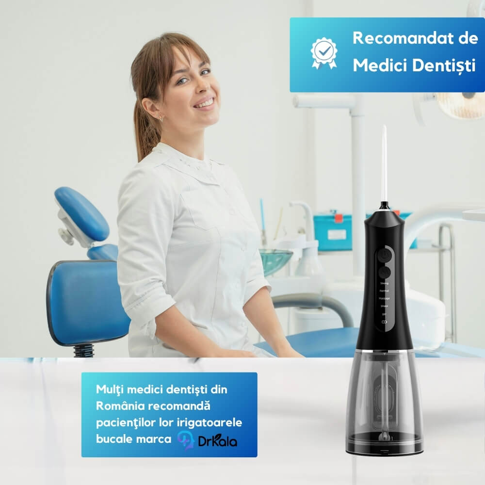 Irigator Bucal tip Dus Bucal Portabil, DrKala®, 1380 pulsatii/min, 5 Programe, 7 duze incluse, personalizare pulsatii, Rezervor 300 ml, Igiena orala completa, Negru
