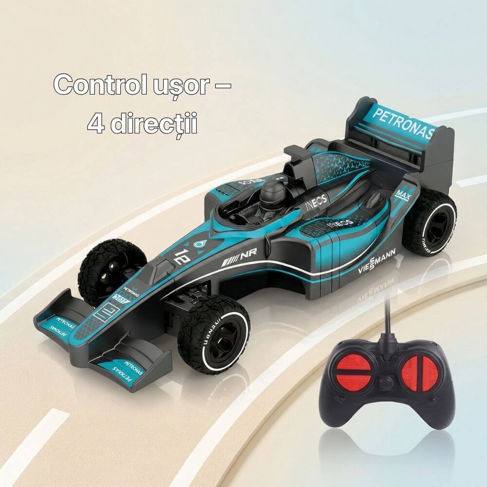 Mașină cu telecomandă RC 1:18, Model Formula 1, Curse și Viteză 10 km/h, Jucărie RC pentru copii 6+ ani, Negru/Albastru