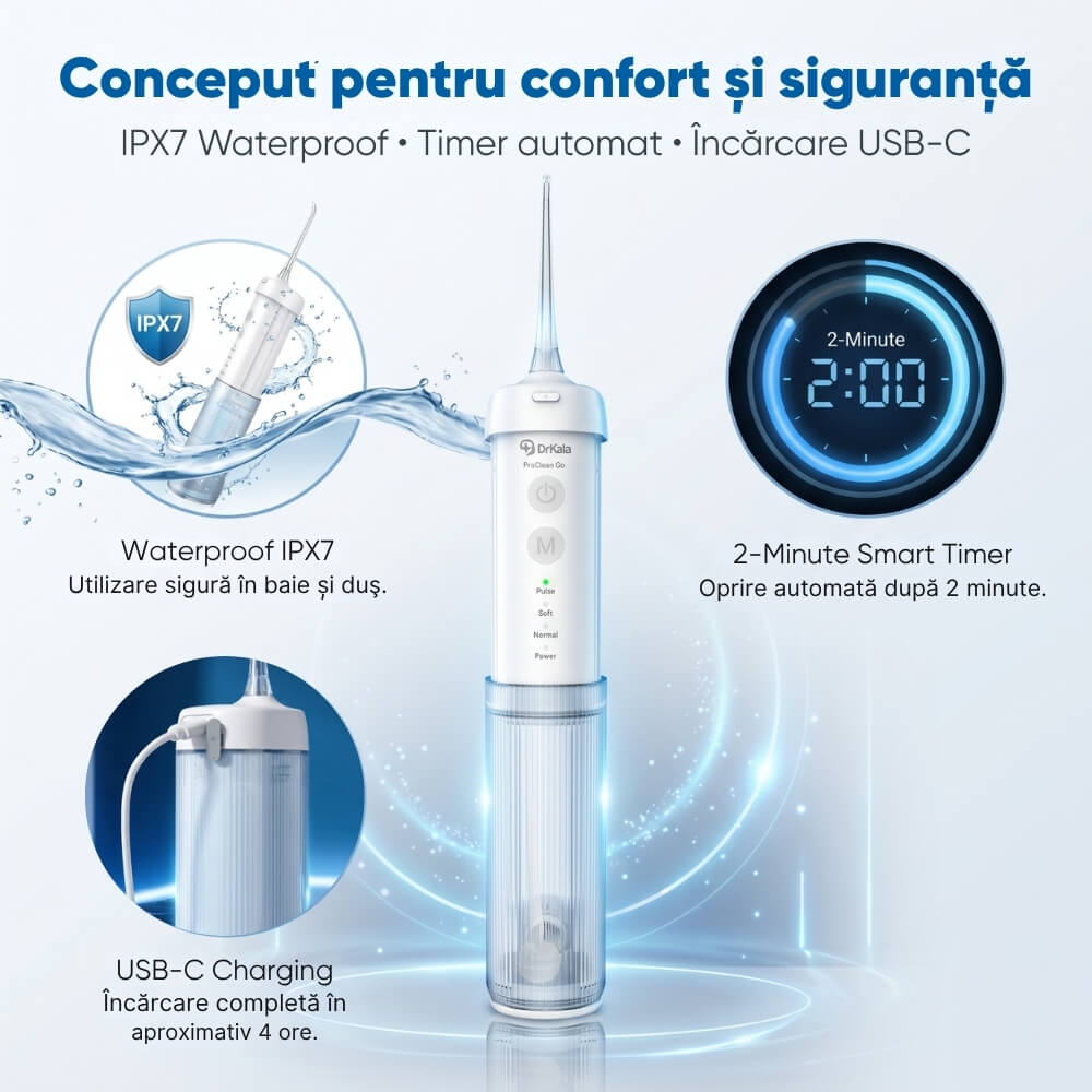 Irigator Bucal Profesional tip Dus Bucal Portabil DrKala® ProClean Go, pliabil, 4 moduri de curatare, pana la 1999 pulsatii/min, rezervor 210 ml, baterie 1500 mAh, 4 capete incluse, Rezistent la apa IPX7, incarcare USB-C, Alb