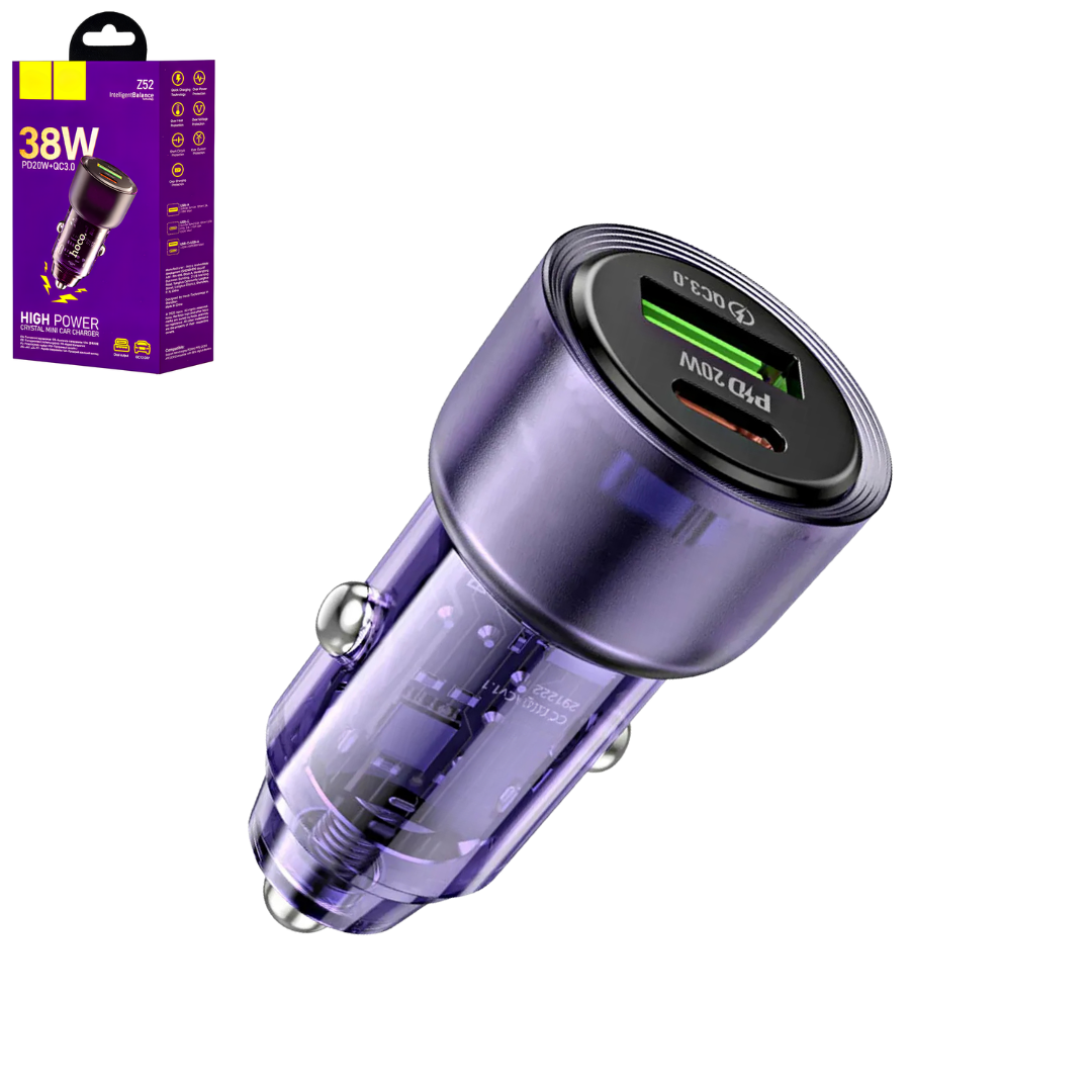 Incarcator Auto Fast Charge 38W, Dual Port USB si Type-C (PD 20W + QC 3.0), Design Transparent, Compatibil Telefon, Tableta, Laptop, Mov