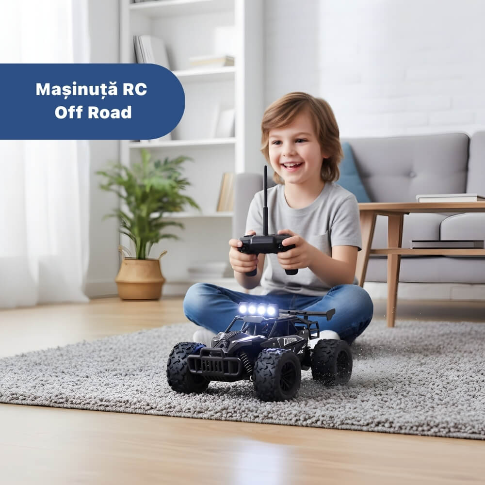 Mașinuță cu Telecomandă RC Off-Road 1:16, Viteză 20 km/h, Roți Mari All-Terrain, Lumini/Proiectoare LED, Telecomandă Tip Pistol, Acumulator Reîncărcabil Inclus, Jucărie pentru Copii 5+ Ani, Negru