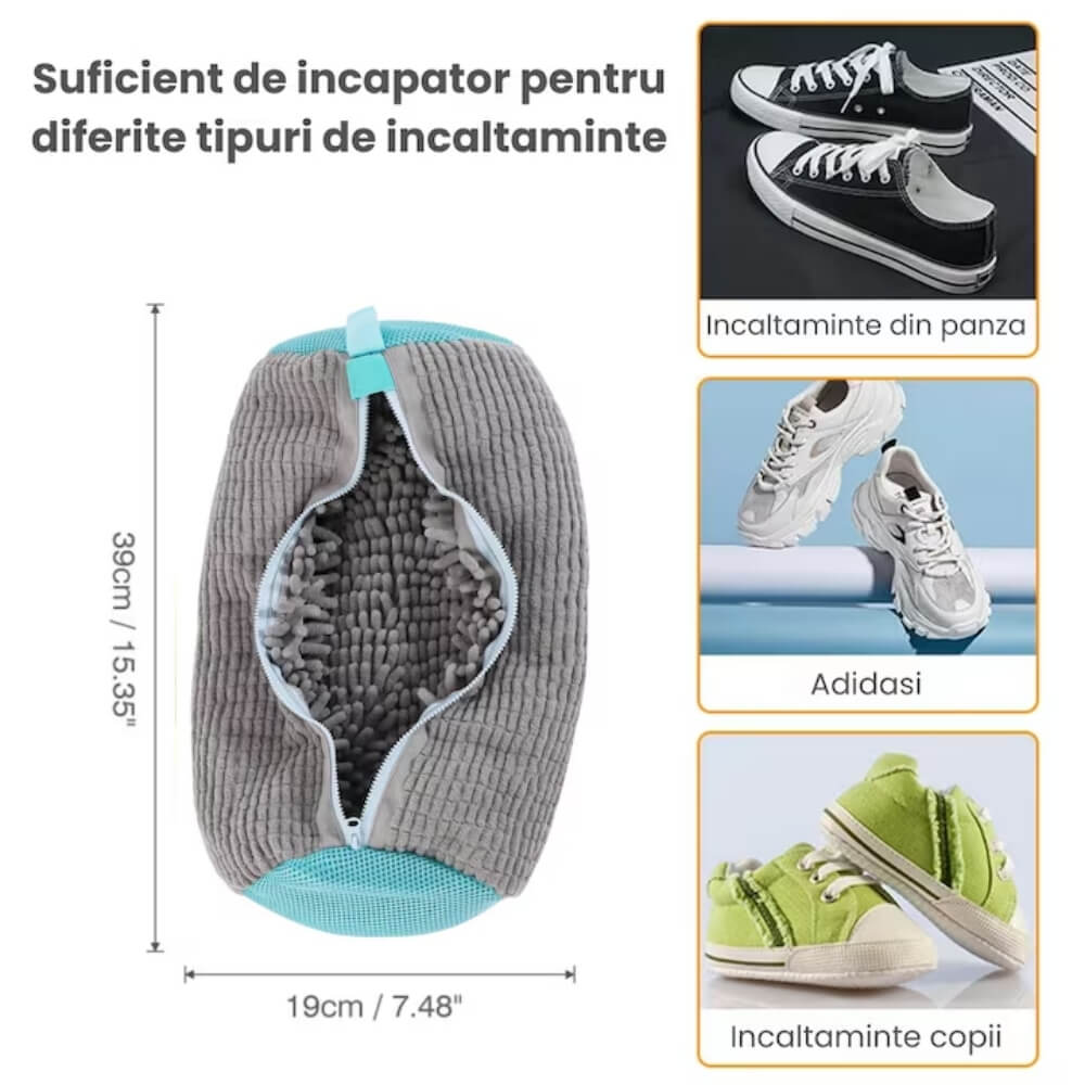 Sac spalare incaltaminte masina de spalat - Protectie pantofi si adidasi, Material rezistent, Fermoar premium, Curatare sigura, 39x19 cm, Gri