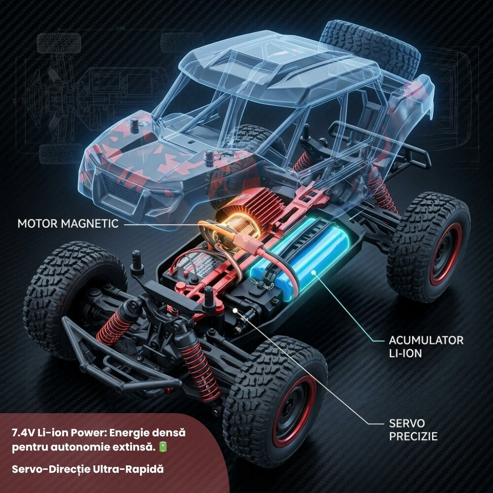 Masina cu telecomanda profesionala Adventurer, Off-Road 4x4 (4WD), Scara 1:16, Viteza 40 km/h, Suspensii Metalice independente, Motor Brushed, Lumini LED,Control 2.4GHz,Rosu-Negru