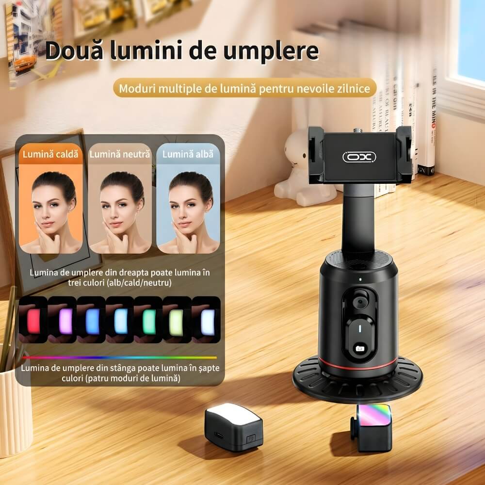 Suport Telefon Gimbal AI cu Urmarire Faciala Automata, Rotire 360, Lumini LED Fill Light, Bluetooth 5.2, Stabilizator Vlog & TikTok, Negru