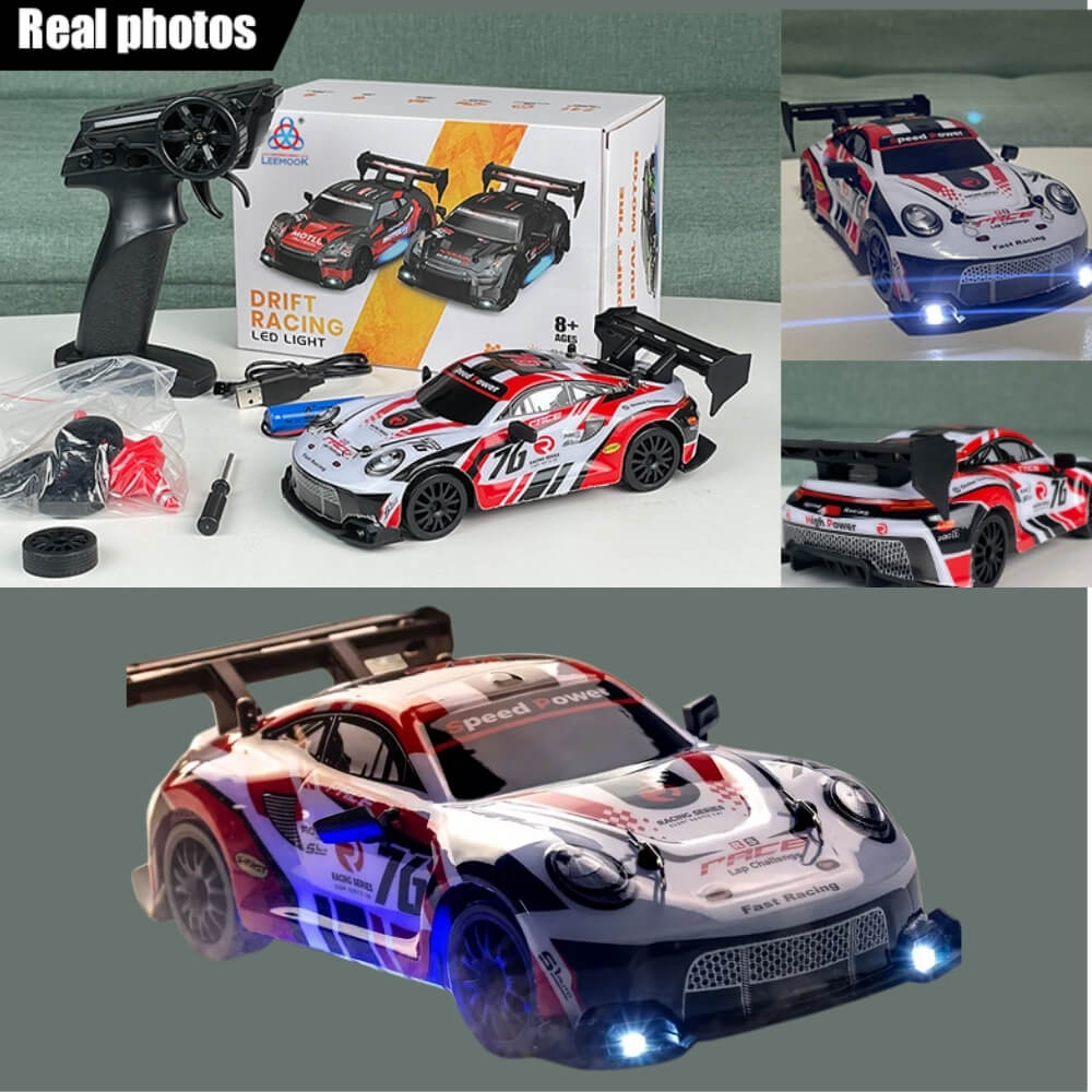 Masinuta cu Telecomanda, Model Porsche, RC Drift Car, 1:24, 2.4GHz, Tractiune Integrala, 2 Seturi Anvelope (Speed & Drift), Obstacole Incluse, Baterie Reincarcabila, Alb