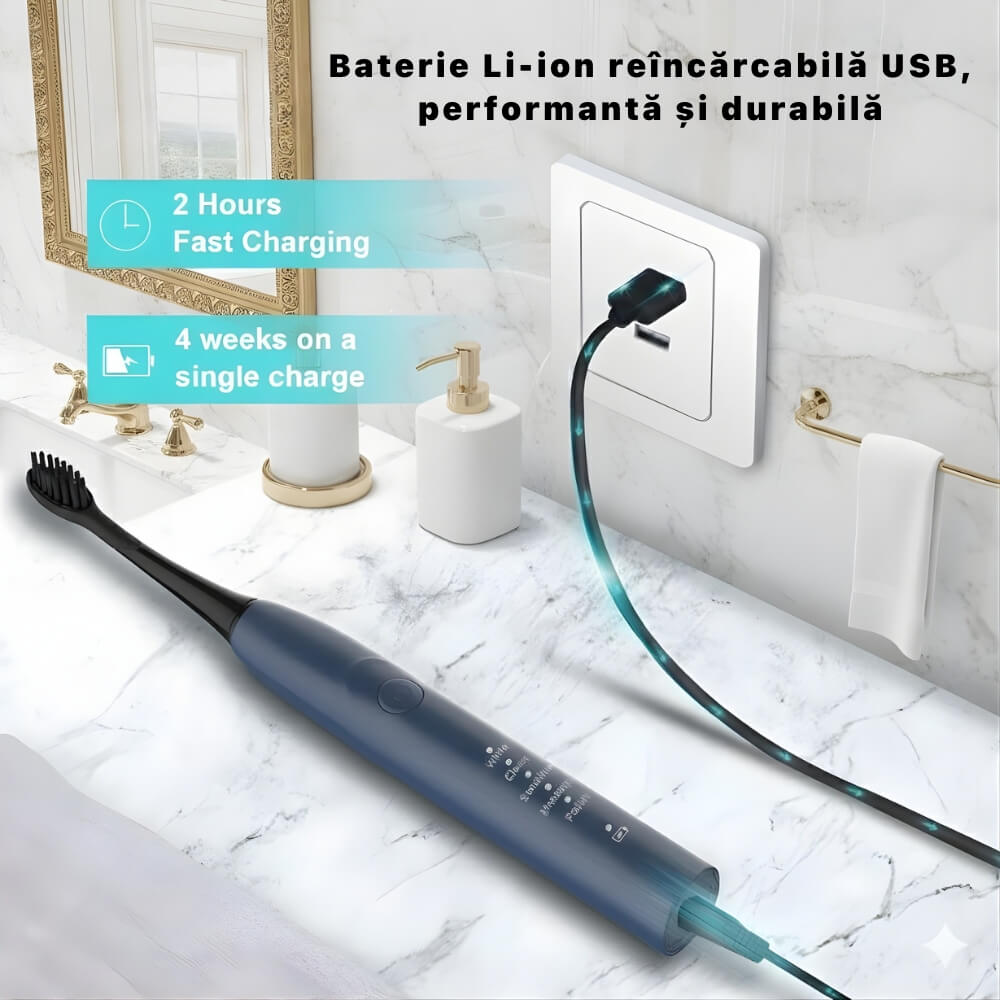 Periuta de dinti electrica, sonica, DrKala SG-540, Cu Carbune activ pentru albire, 5 Moduri, 8 Capete, pana la 42.000 vibrații/min, IPX7