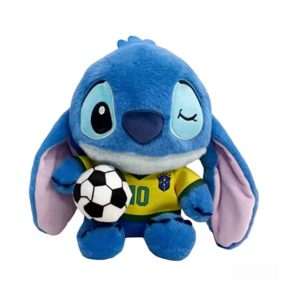 Jucarie de Plus Stitch Fotbalist 30 cm, Editie Speciala Campionatul Mondial, cu Minge si Tricou Nationala (Argentina, Brazilia, Italia, Croatia)
