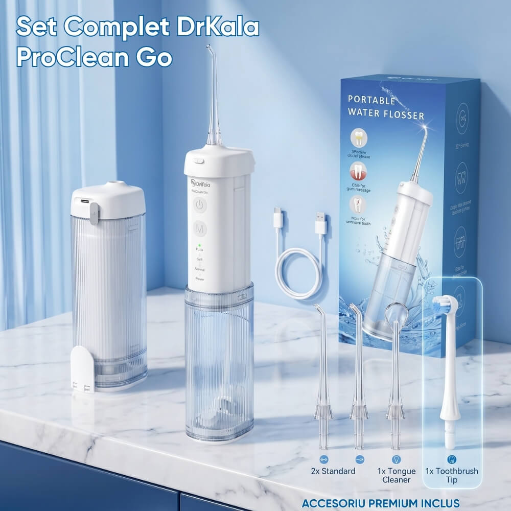 Irigator Bucal Profesional tip Dus Bucal Portabil DrKala® ProClean Go, pliabil, 4 moduri de curatare, pana la 1999 pulsatii/min, rezervor 210 ml, baterie 1500 mAh, 4 capete incluse, Rezistent la apa IPX7, incarcare USB-C, Alb
