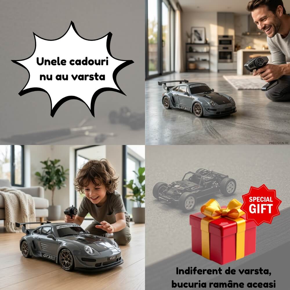 Masina cu Telecomanda RC Drift 4WD ,Scara 1:20, Tip 911 GTS, 20 km/h, 2.4GHz, 2 Seturi Anvelope Drift & Racing, Obstacole Incluse, Gri Metalizat