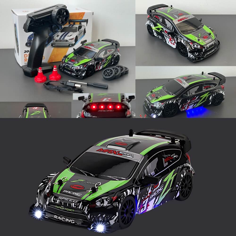 Masinuta cu Telecomanda, Model Ford Rally, RC Drift Car, 1:24, 2.4GHz, Tractiune Integrala, 2 Seturi Anvelope (Speed & Drift), Obstacole Incluse, Baterie Reincarcabila, Verde/Negru