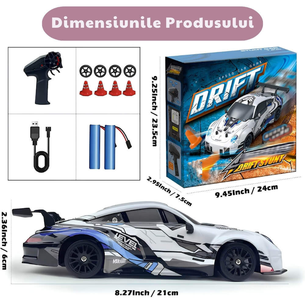 Masina cu Telecomana RC Porsche, Drift Car 1:24, 4WD, 20 km/h, LED, 2 Seturi Anvelope Drift & Racing, Varsta 7+, Alb