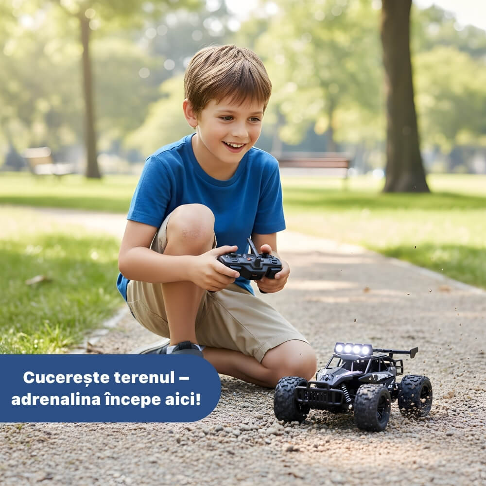 Mașinuță cu Telecomandă RC Off-Road 1:16, Viteză 20 km/h, Roți Mari All-Terrain, Lumini/Proiectoare LED, Telecomandă Tip Pistol, Acumulator Reîncărcabil Inclus, Jucărie pentru Copii 5+ Ani, Negru