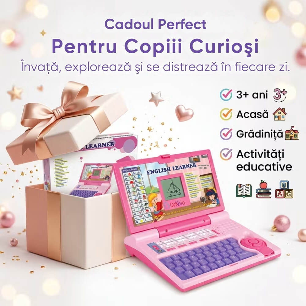Laptop educational copii English Learner, limba engleza, alfabet, numere, muzica, jocuri interactive, ecran de desen, taste mari, roz