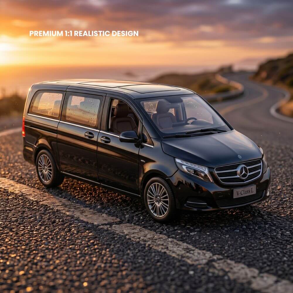 Masinuta Metalica Mercedes Vito, Scara 1:24, Usi si Portbagaj Mobile, Lumini Xenon, Sunete Claxon,  Cadou Baiat, Alb