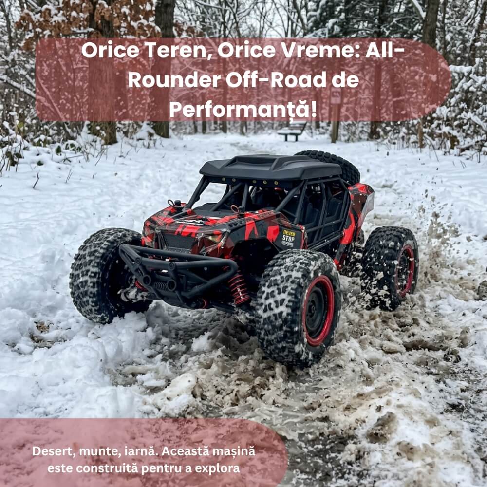Masina cu telecomanda profesionala Adventurer, Off-Road 4x4 (4WD), Scara 1:16, Viteza 40 km/h, Suspensii Metalice independente, Motor Brushed, Lumini LED,Control 2.4GHz,Rosu-Negru