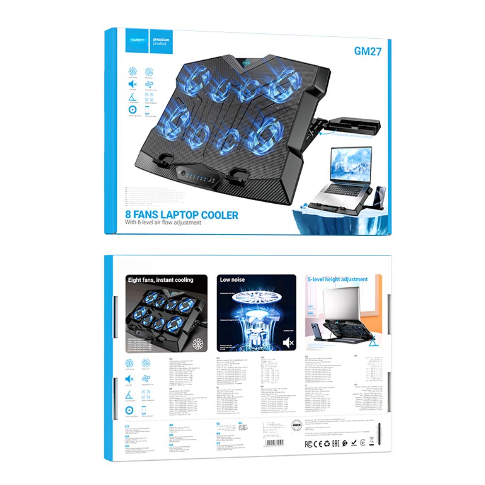Cooler Laptop, 8 Ventilatoare Hidraulice Silentioase, 6 Trepte de Viteza, Reglaj Ergonomic, Compatibilitate Universala